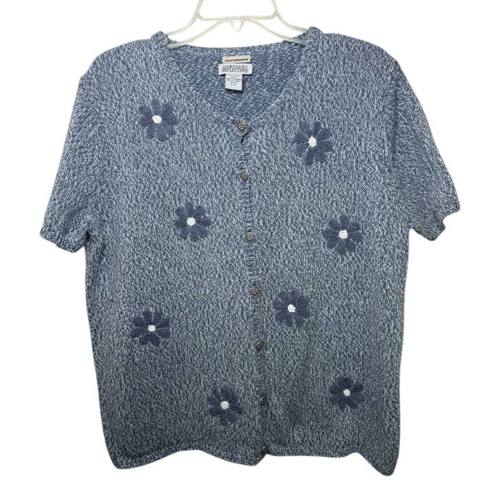Vtg 90s Hand Embroidered Floral Short Sleeve Knit Sweater Top Size Large Blue - Picture 2 of 8